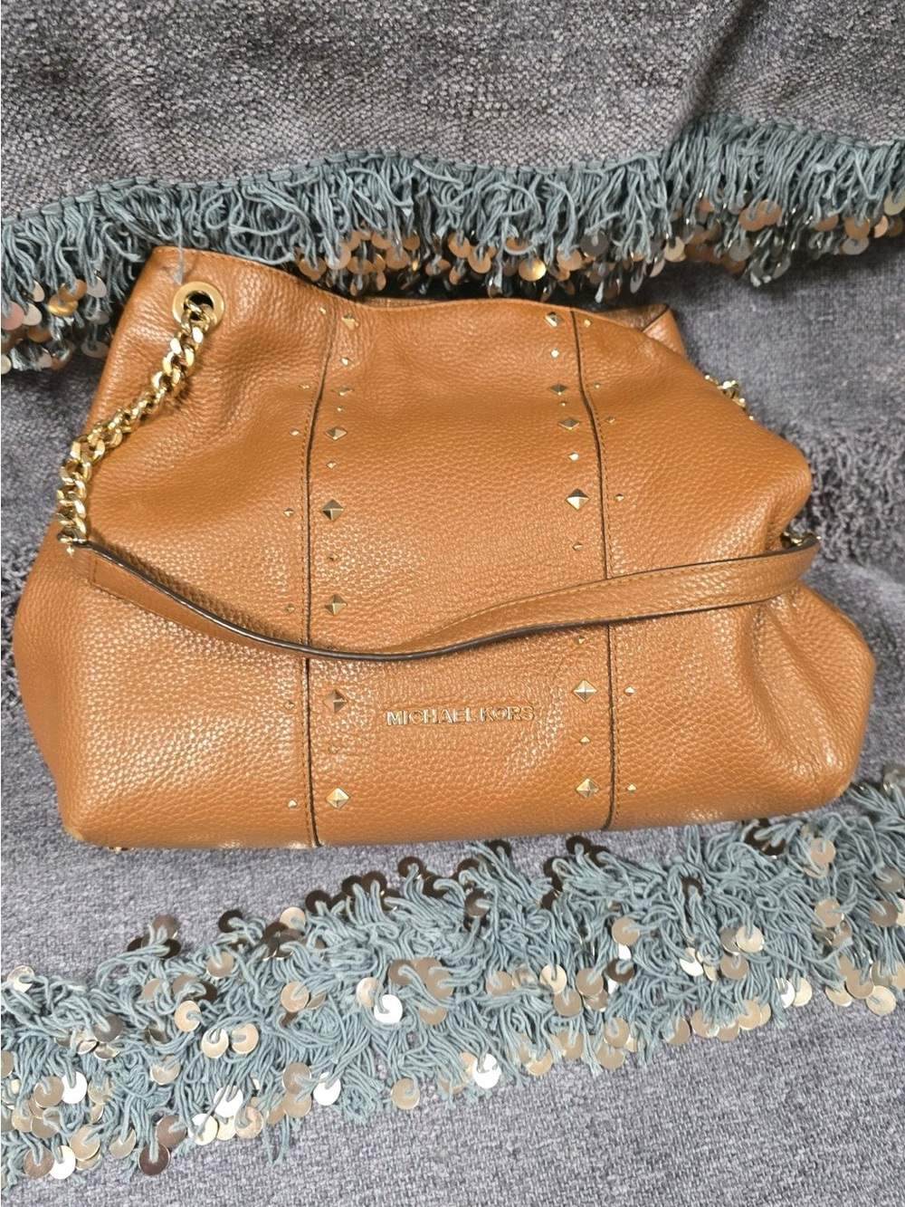Michael Kors Tan Pebbled Leather Shoulder Bag with Gold Chain Accents